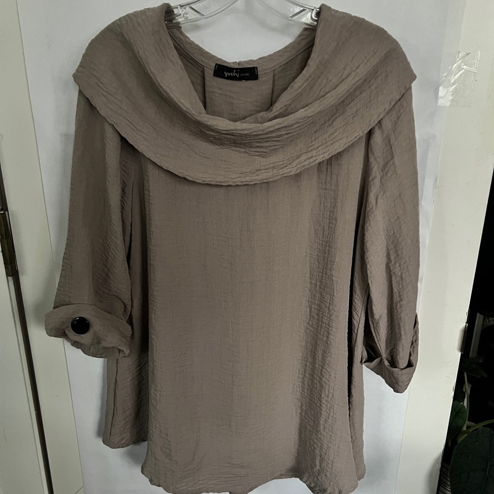 Yushi Taupe Cowl Neck Blouse